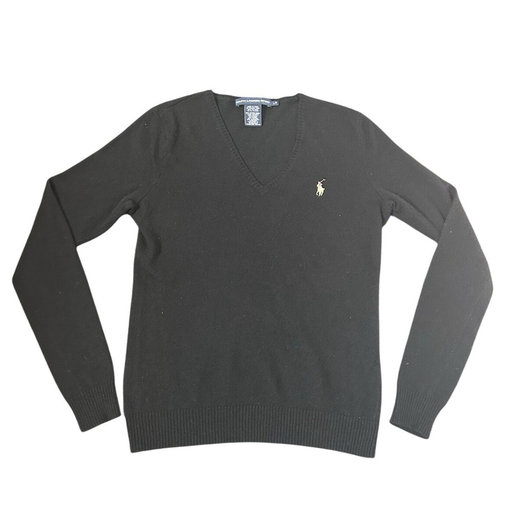 Ralph Lauren Sport Cashmere Blend V-Neck Sweater Black Womens Large Flesh Pony